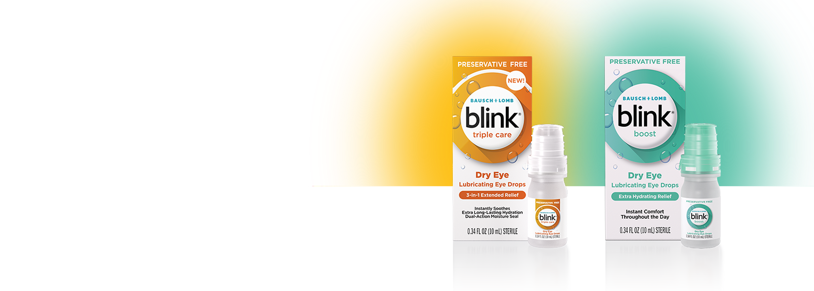 A display of all Blink products with Blink Triple Care and Blink Dry Eye Supplements prominently shown